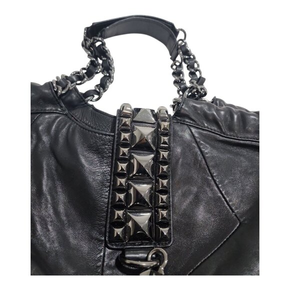 Betsey Johnson Whips & Studs 100% Lambskin Hobo Matte black Shoulder Bag Punk - Picture 10 of 12